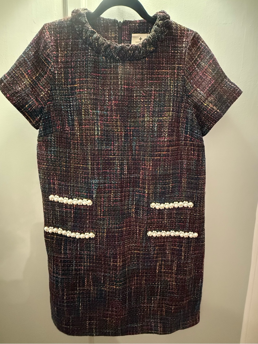 Tuckernuck Multi-Color Tweed Short-Sleeve Shift Dress with Pearl Pocket Trim